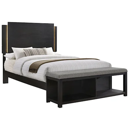 Contemporary King Bed with Built-In Light and Footboard Stool